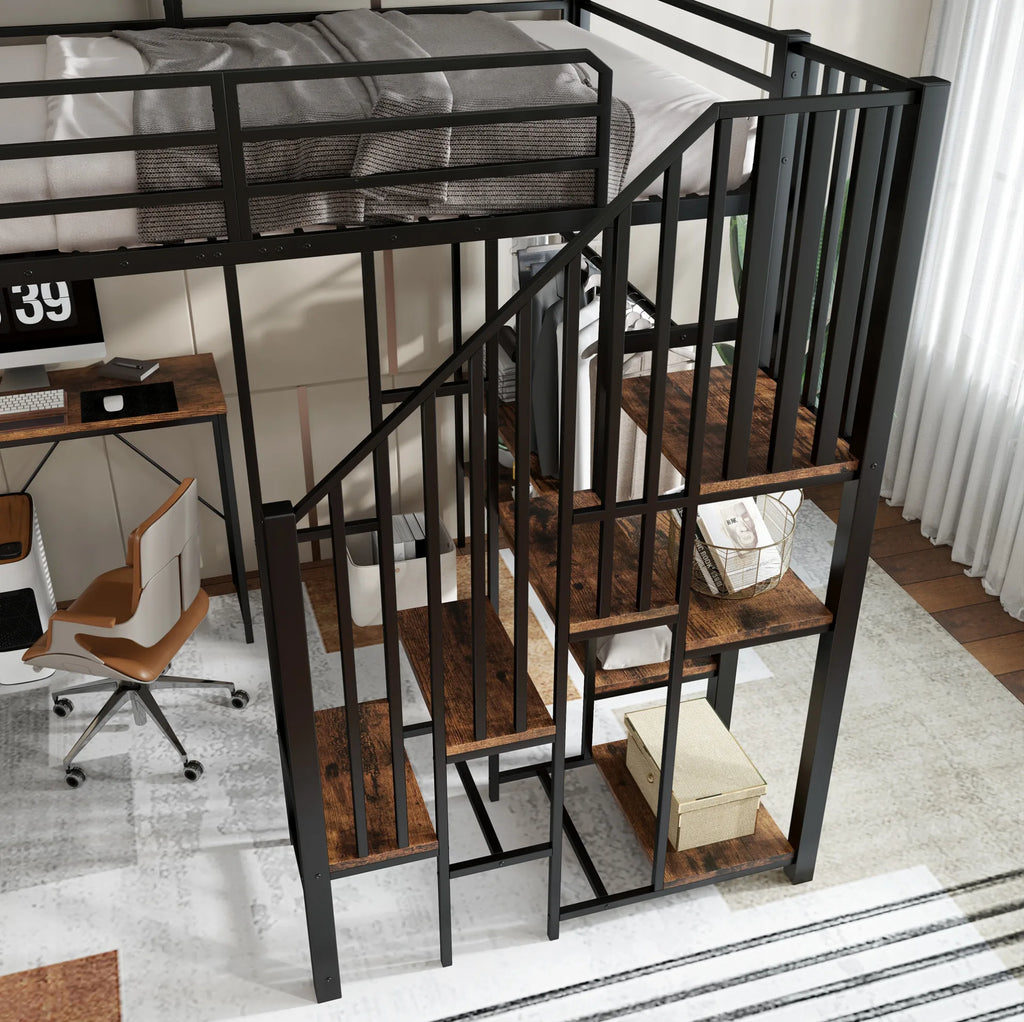 Lit mezzanine 120 × 200 cm avec bureau et dressing — rangements le long de l’accès