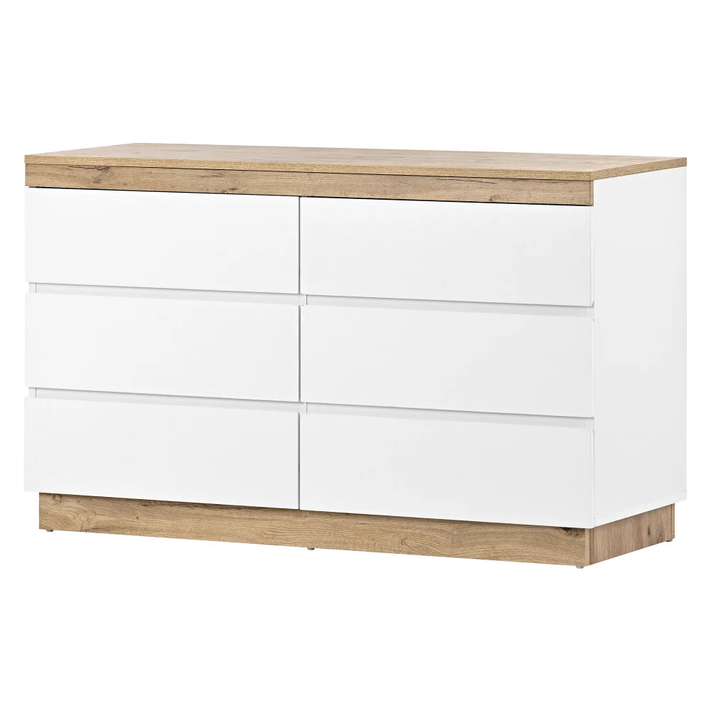 Commode 6 tiroirs blanc et chêne avec verrouillage
