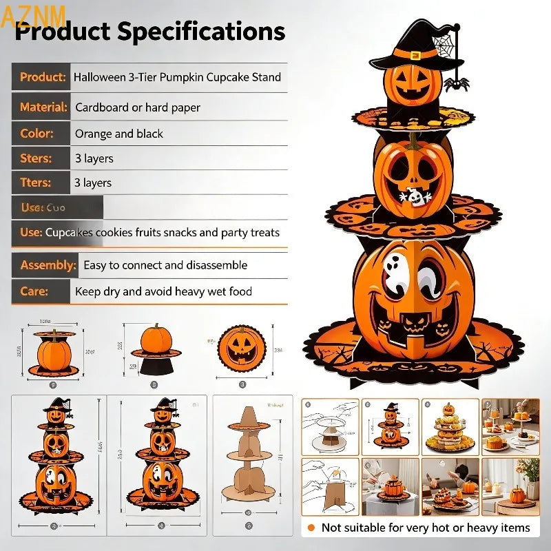 Présentoir à cupcakes Halloween, citrouilles à 3 étages — caractéristiques et montage