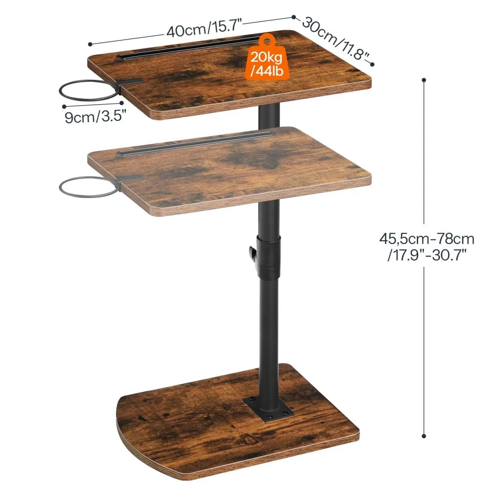 Table d’appoint en C réglable, brun vintage et porte-gobelet — dimensions et rotation