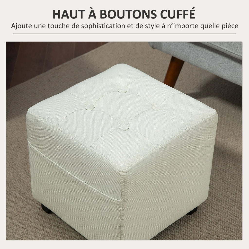 Pouf repose-pieds crème avec poche latérale, 35 cm — capitonnage du dessus