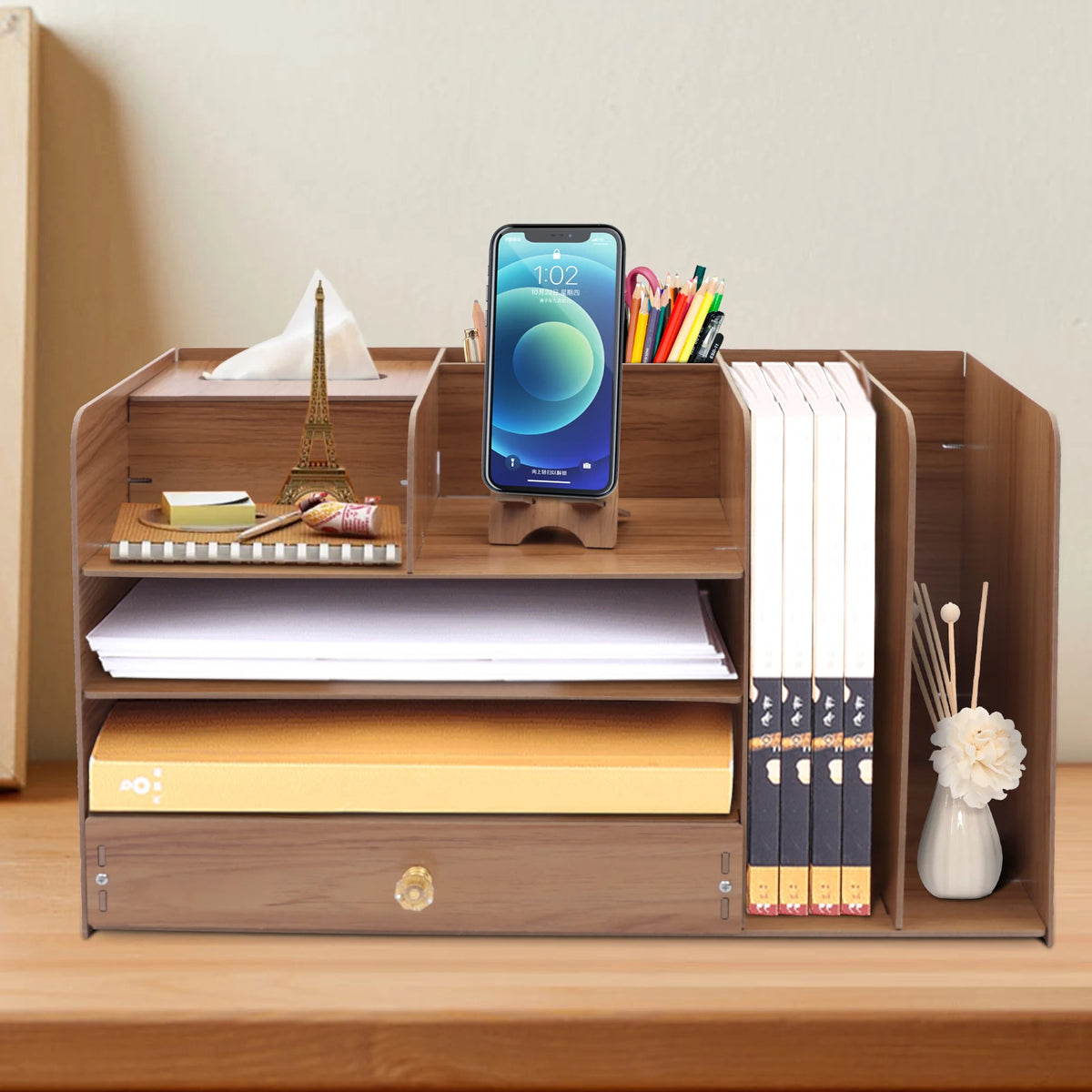 Organisateur de bureau en bois avec tiroir, 48 cm — support de téléphone