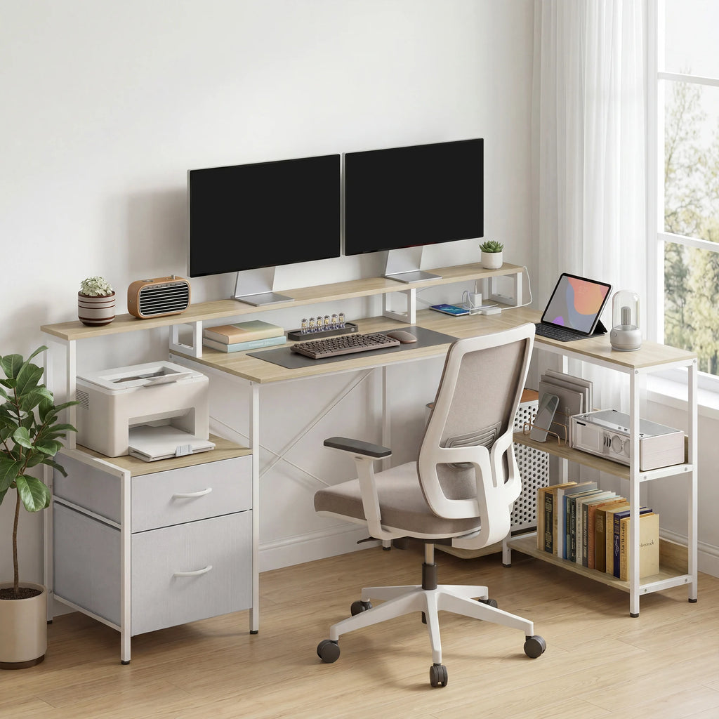 Bureau d’angle LED RGB avec prises et 2 tiroirs
