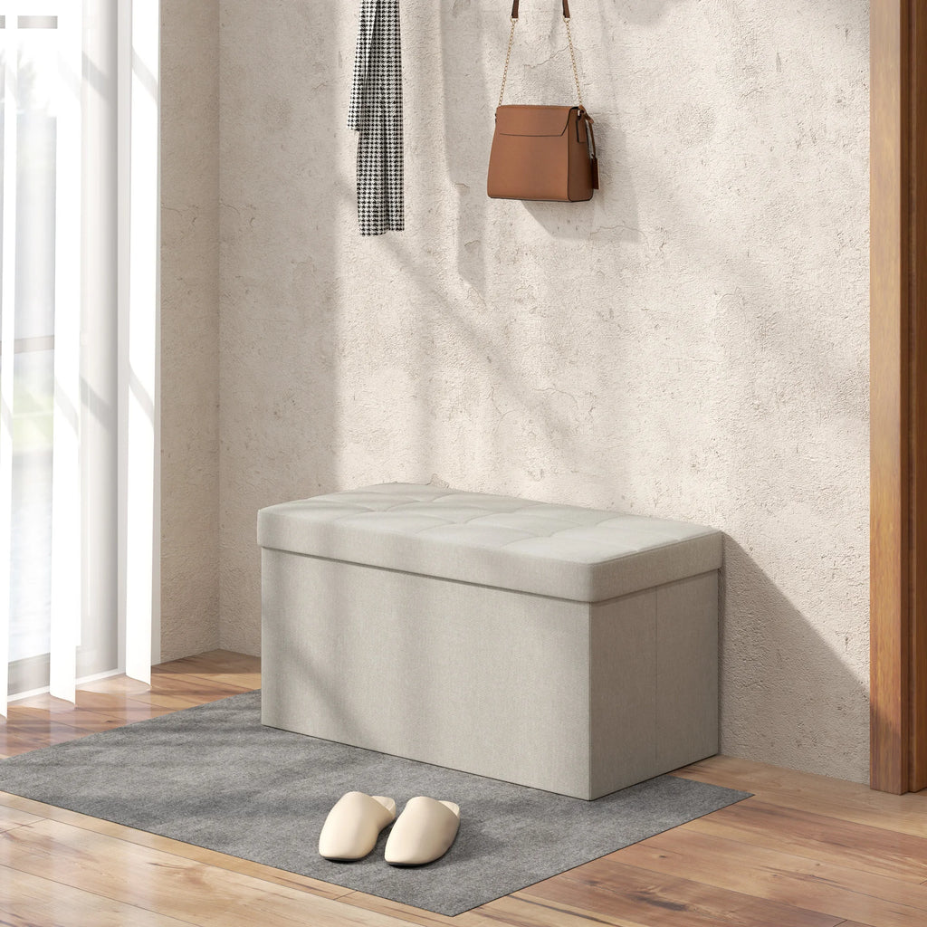 Banc coffre pliable 76 cm, rangement 84 L — contre un mur
