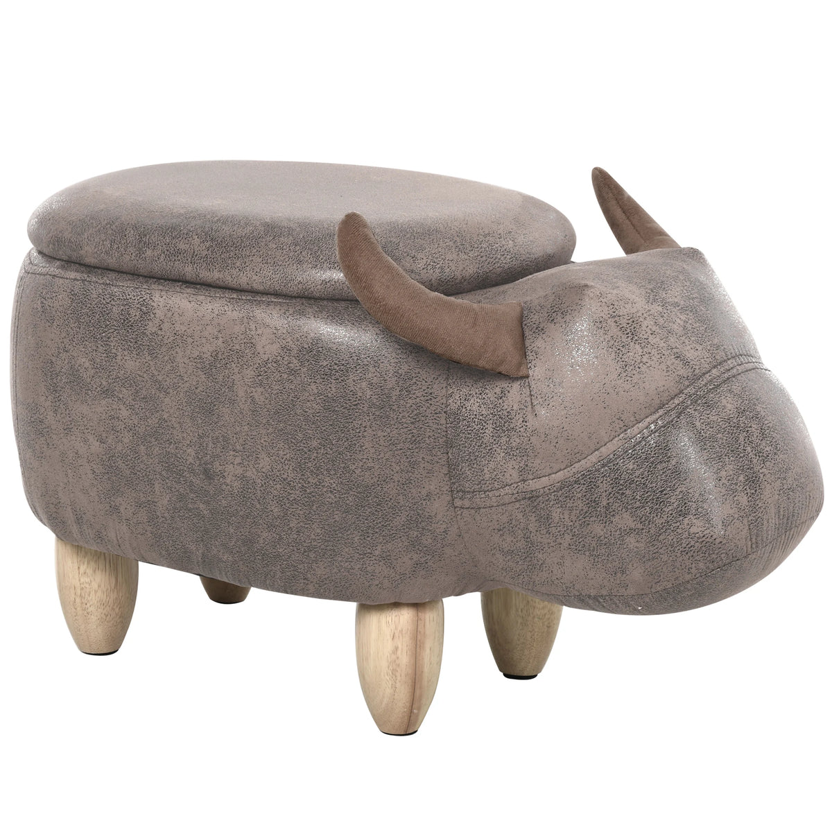 Pouf vache avec coffre de rangement, brun aspect daim — silhouette et pieds en bois