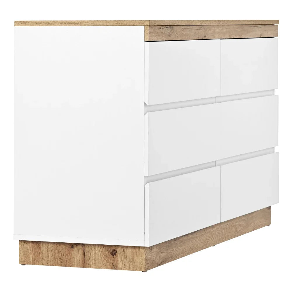 Commode 6 tiroirs blanc et chêne avec verrouillage