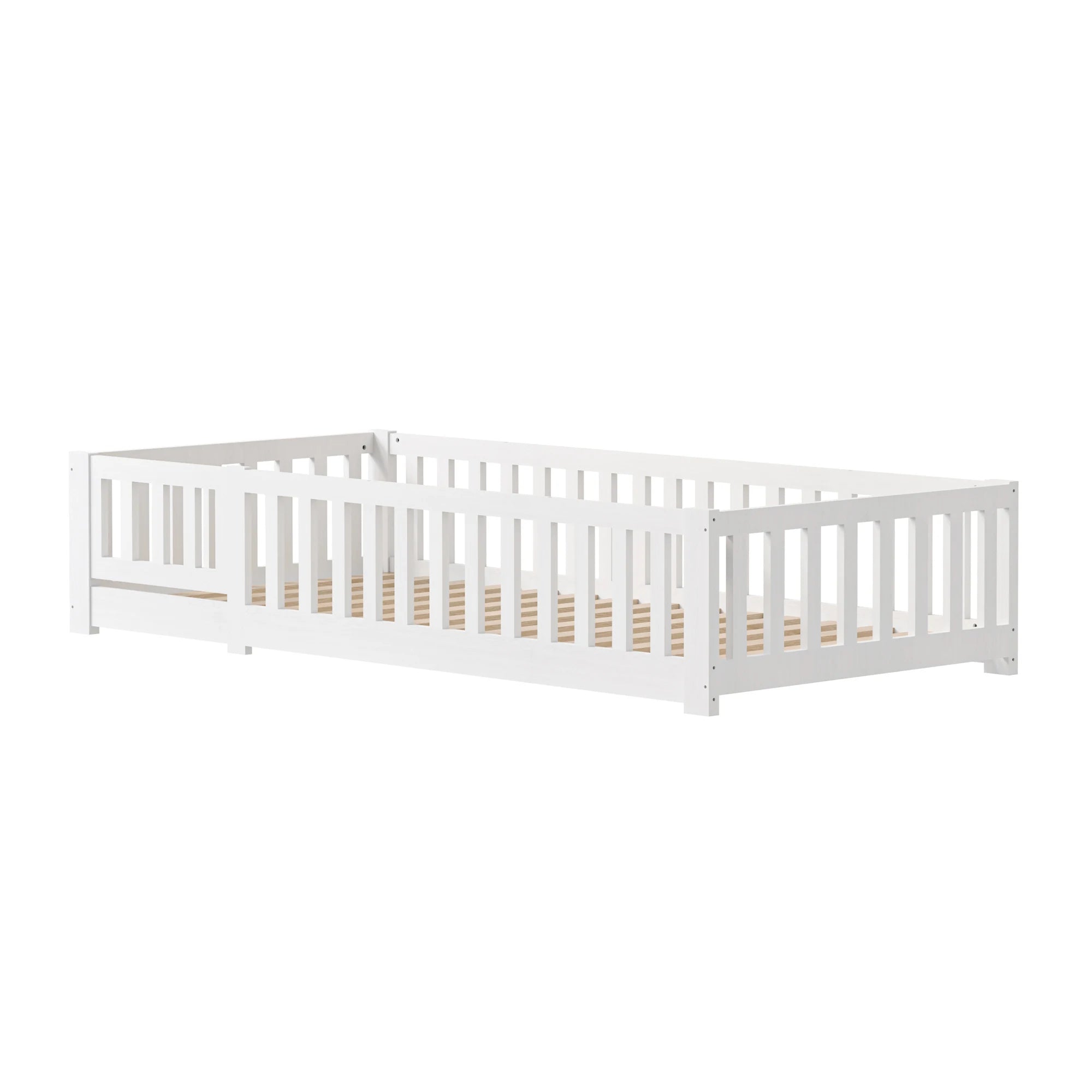 Lit Montessori en pin avec barrières et porte
