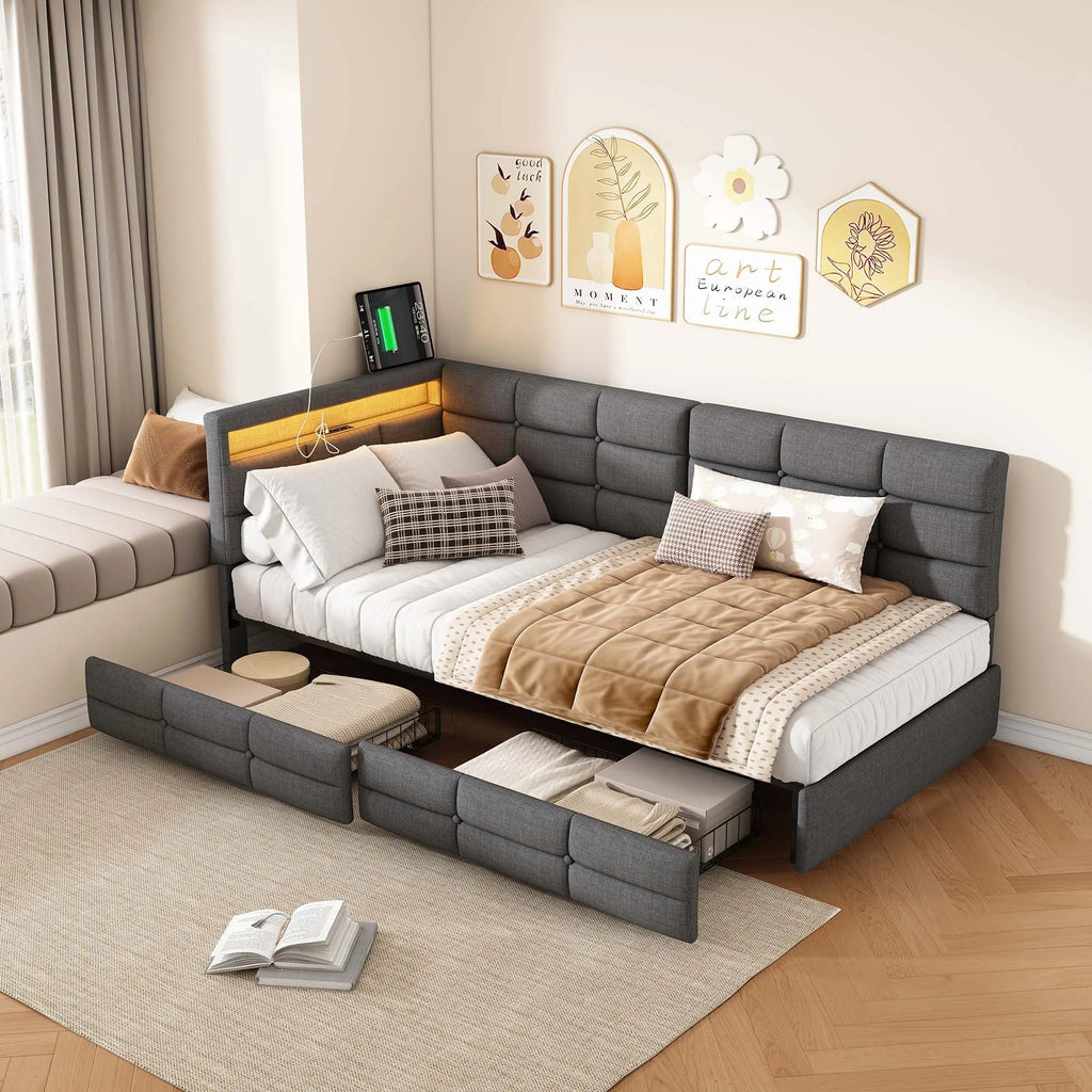 Lit banquette 90 × 200 cm avec LED, USB et rangement