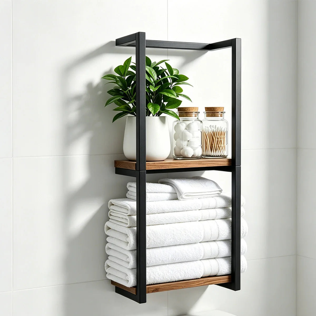 Porte-serviettes mural noir avec étagères effet bois — serviettes pliées et étagère décorative