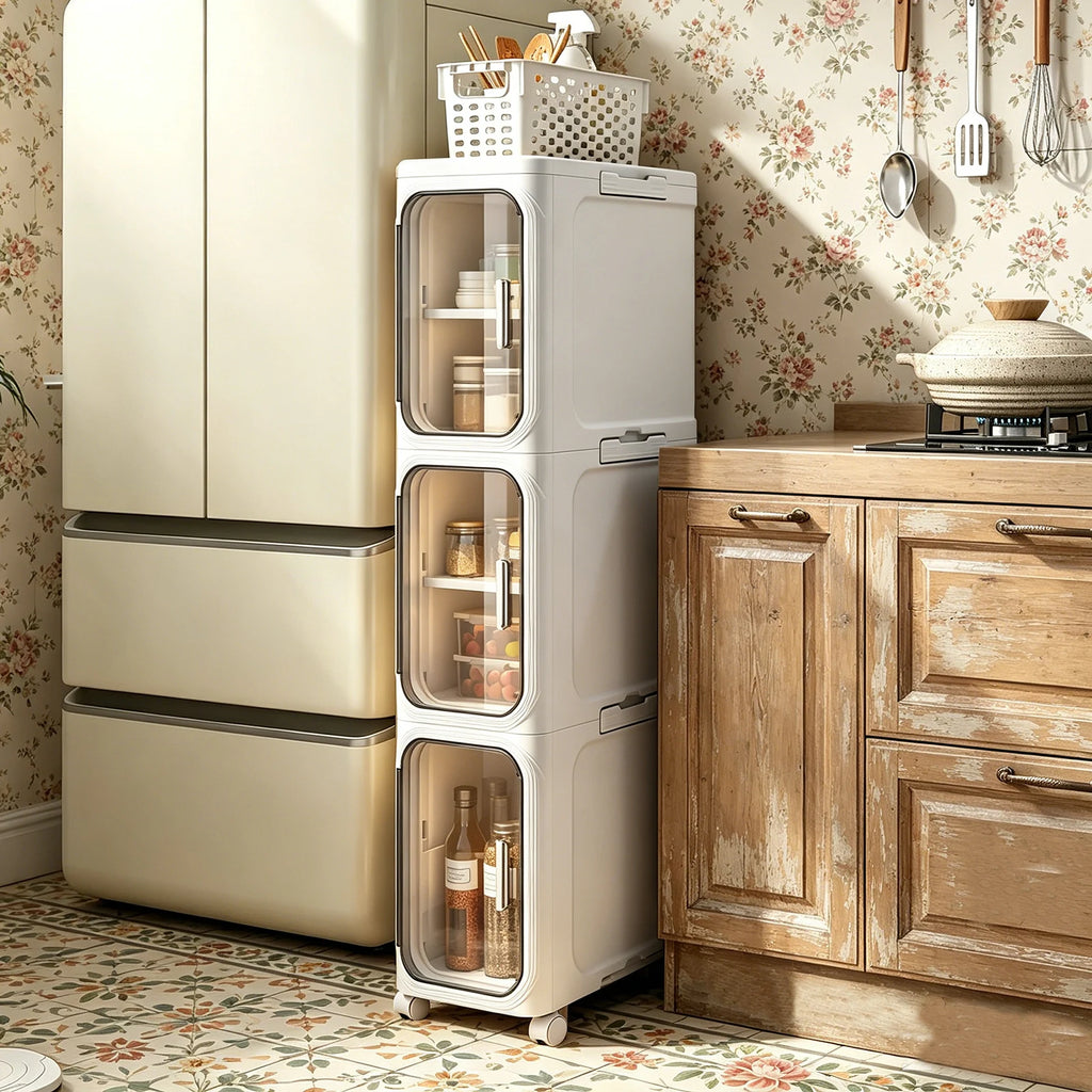 Colonne de rangement pliable à 3 niveaux sur roulettes — colonne installée dans une cuisine
