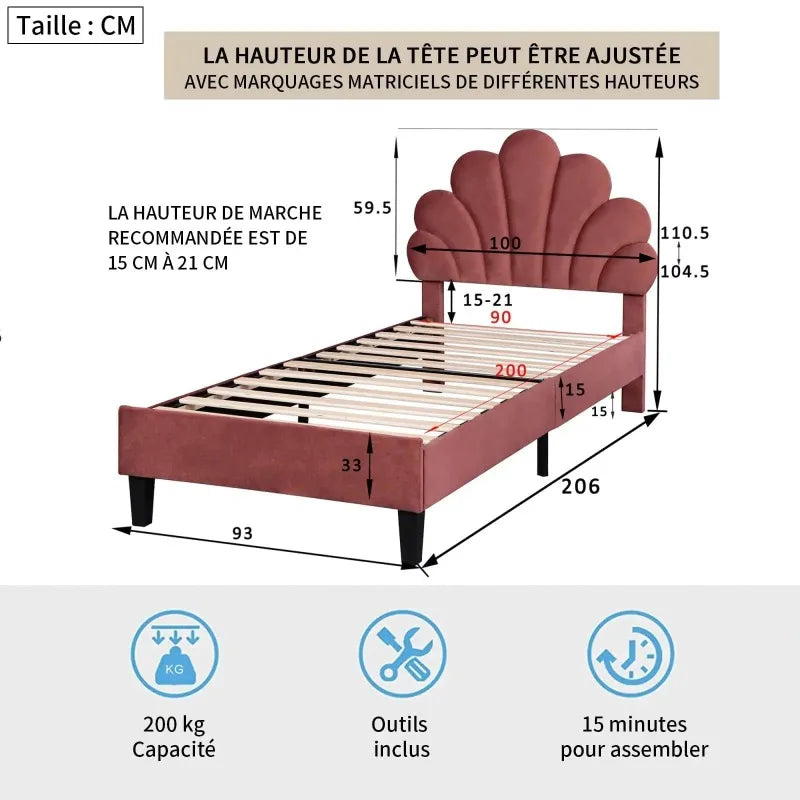 Lit enfant fleur en velours 90 ou 140 × 200 cm