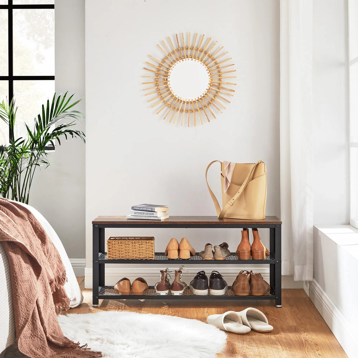 Banc à chaussures effet bois et noir, 100 cm — rangement dans une chambre
