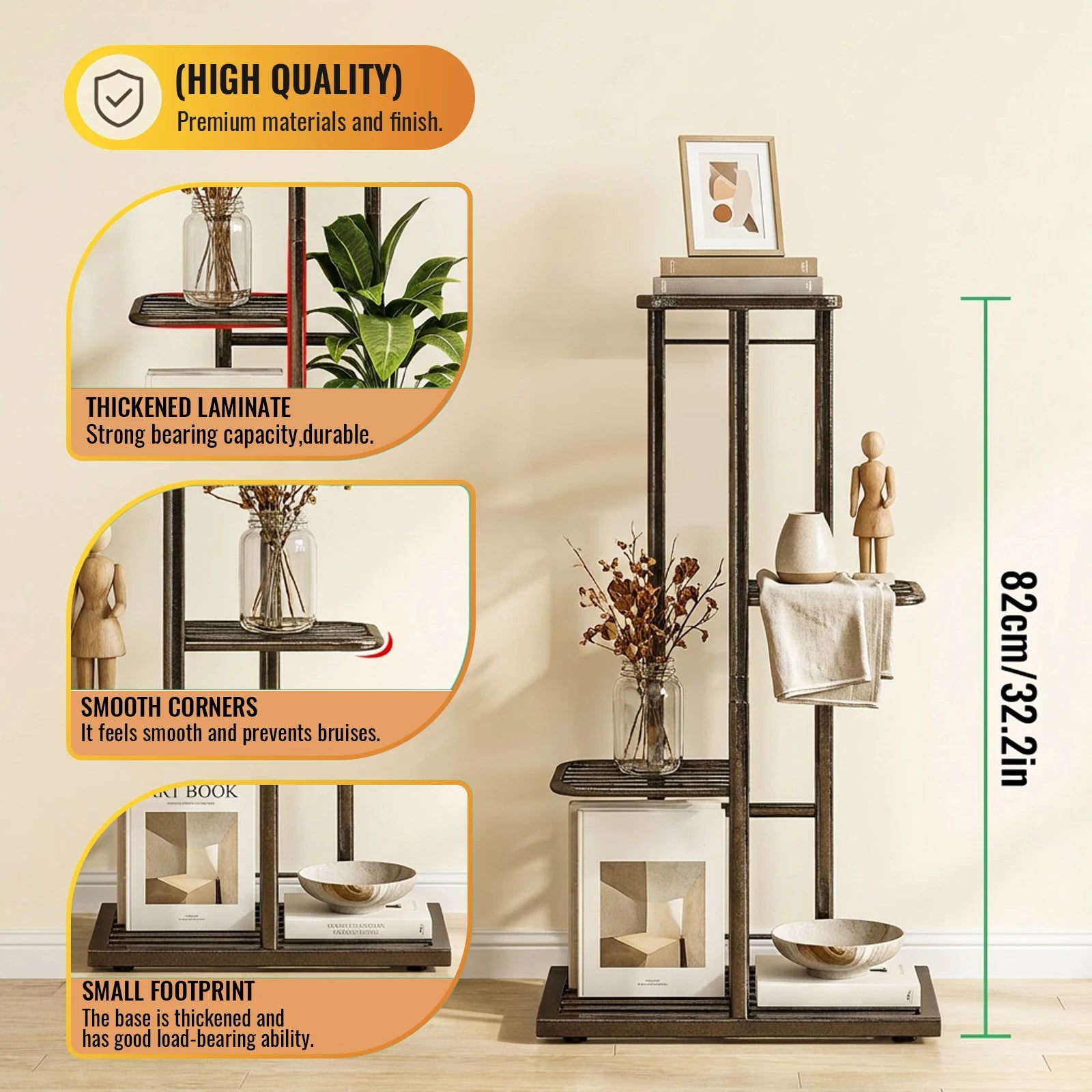 Support à plantes vintage en bois et métal à 5 niveaux