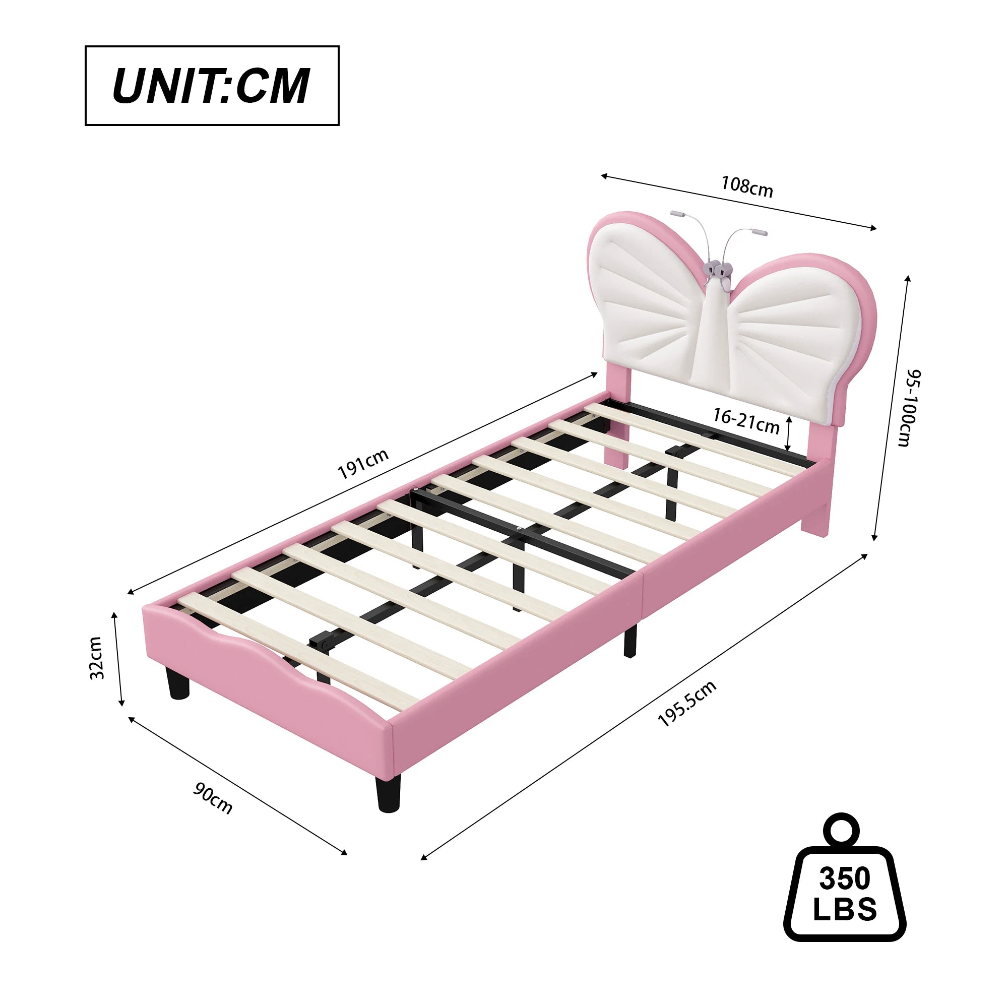 Lit enfant papillon avec lampe de lecture 90 × 200 cm
