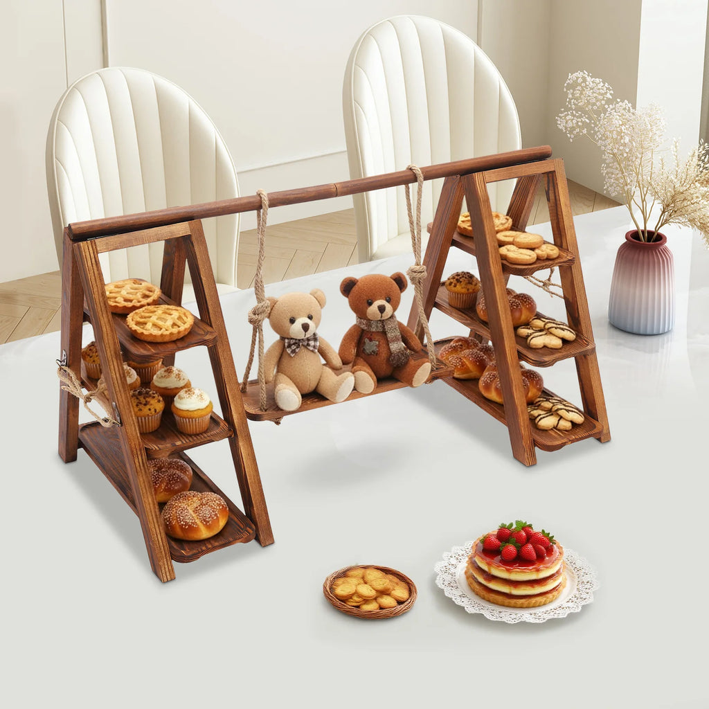 Présentoir à gâteaux en bois, décor balançoire