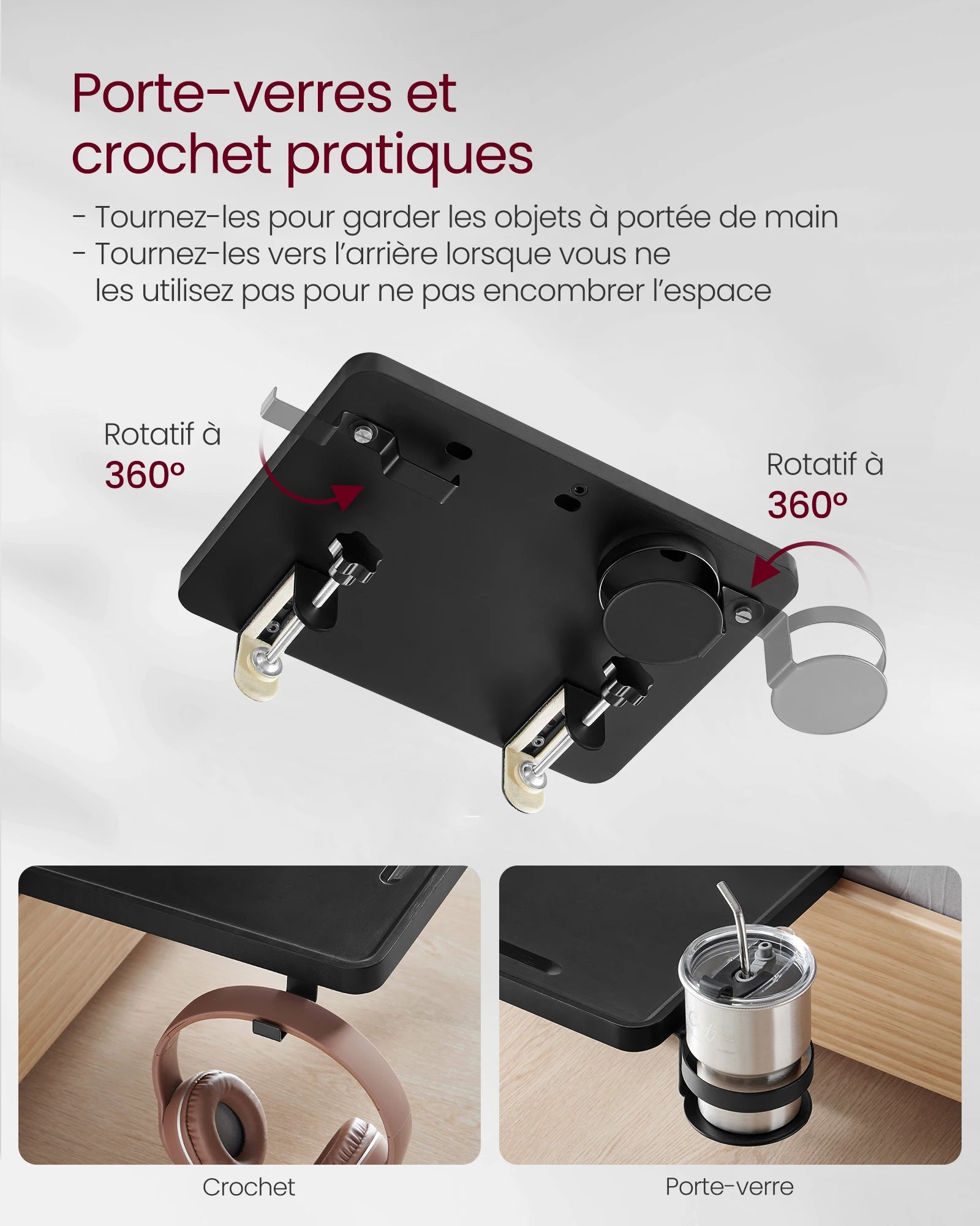 Plateau de lit à pinces avec porte-verre et crochet