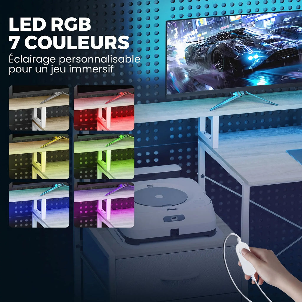 Bureau d’angle LED RGB avec prises et 2 tiroirs