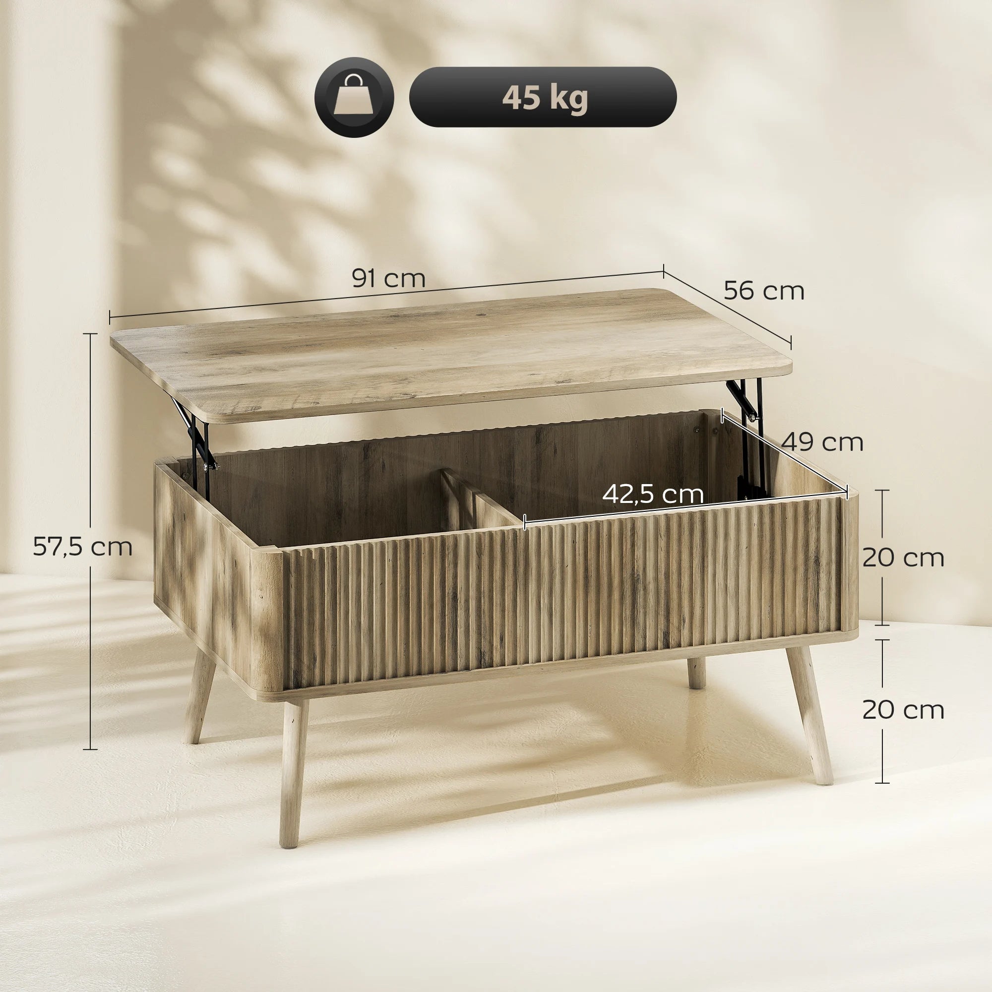 Table basse relevable avec rangements cachés 91 × 56 cm