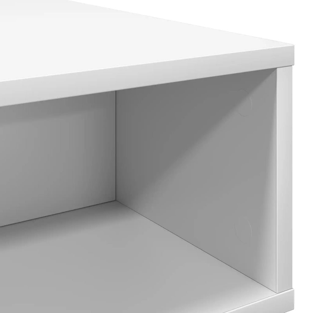 Table basse blanche avec rangement ouvert, 80 cm — détail du compartiment