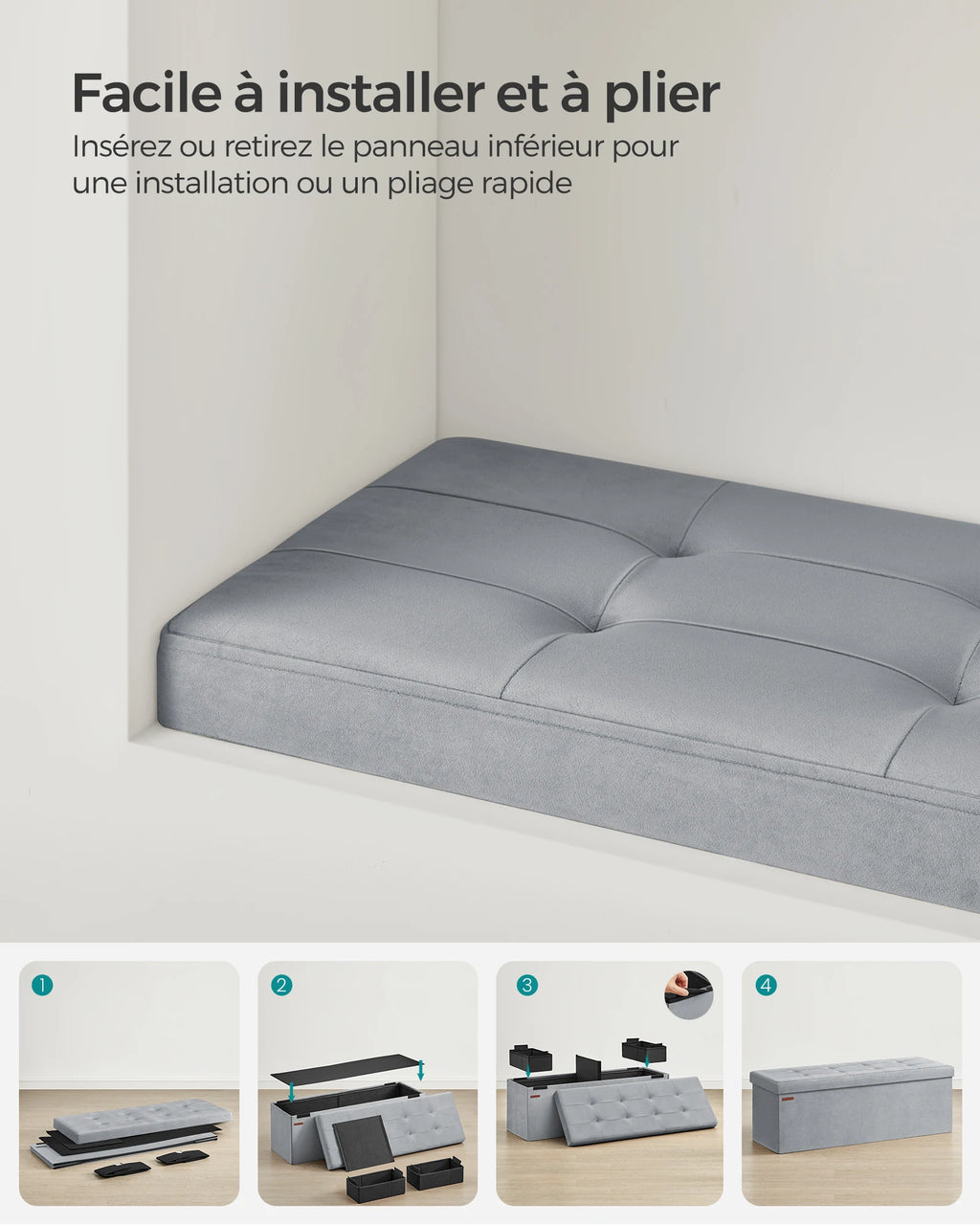 Banc coffre pliable 110 cm avec assise rembourrée — pliage du coffre