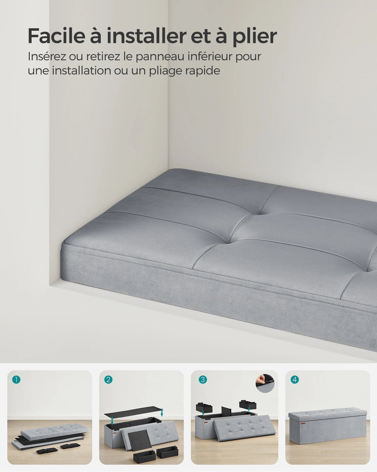 Banc coffre pliable 110 cm avec assise rembourrée — pliage du coffre