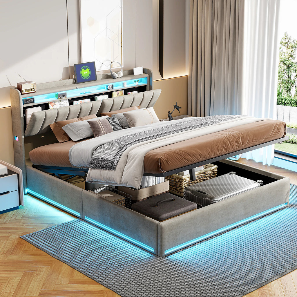 Lit coffre 140 × 200 cm avec LED et port USB