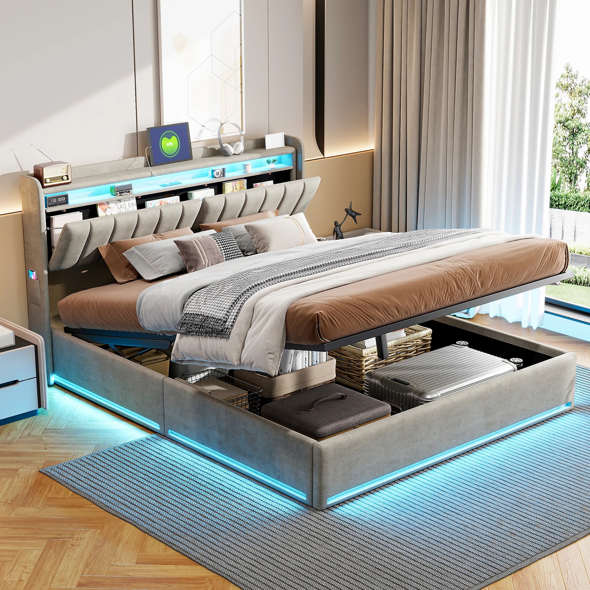 Lit coffre 140 × 200 cm avec LED et port USB