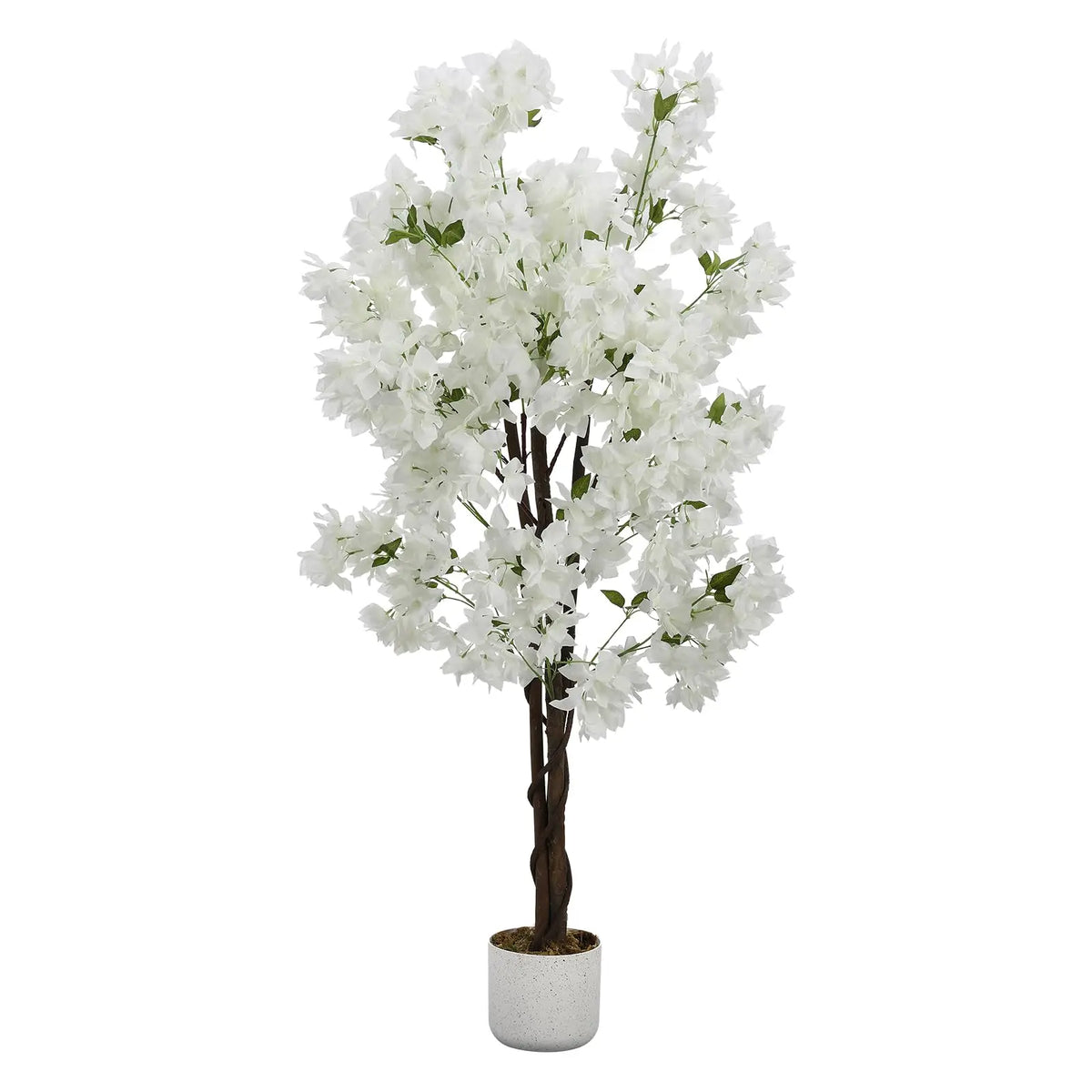 Arbre artificiel de cerisier en pot, fleurs blanches, feuilles vertes, tronc brun foncé