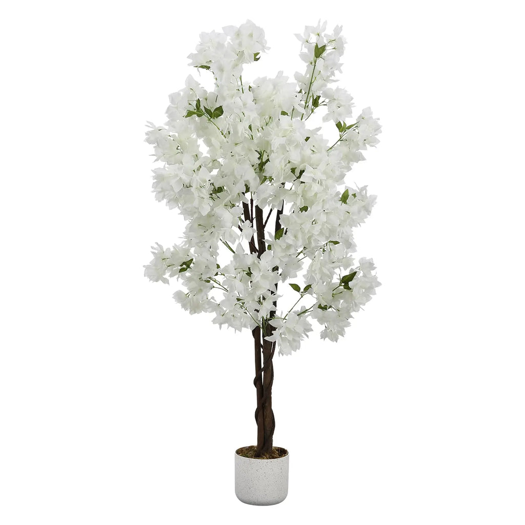 Arbre artificiel de cerisier blanc en pot, fleurs denses et feuillage vert.