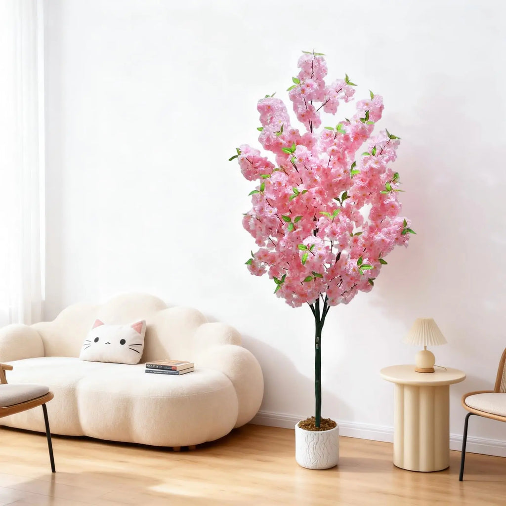 Arbre artificiel de cerisier en pot, floraison rose dense, feuilles vertes, tronc fin