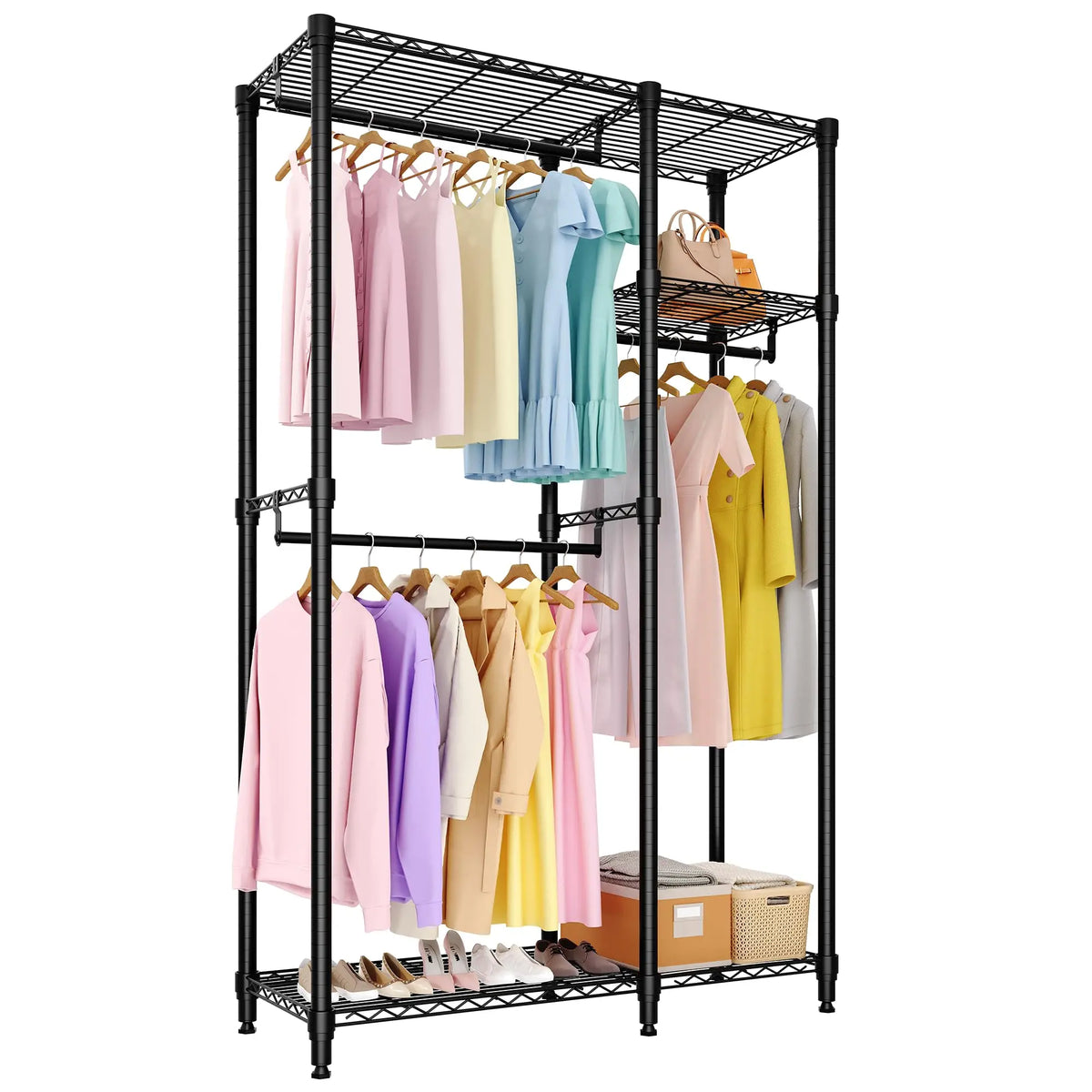 Porte-vêtements autoportant noir avec barres de suspension réglables et étagères à chaussures
