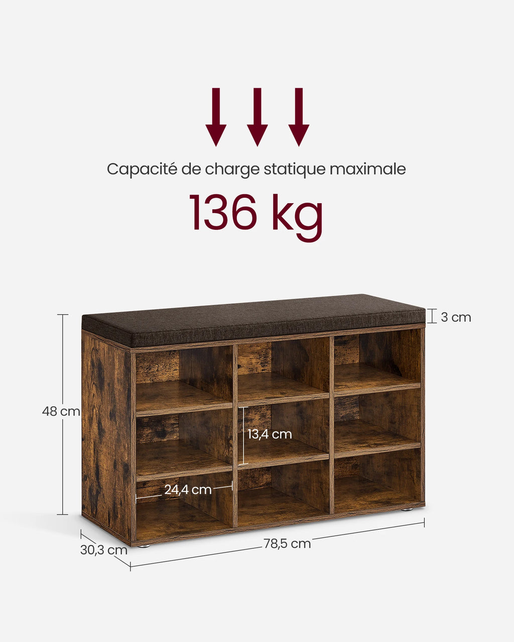 Banc à chaussures avec neuf cases et assise rembourrée, illustration 6