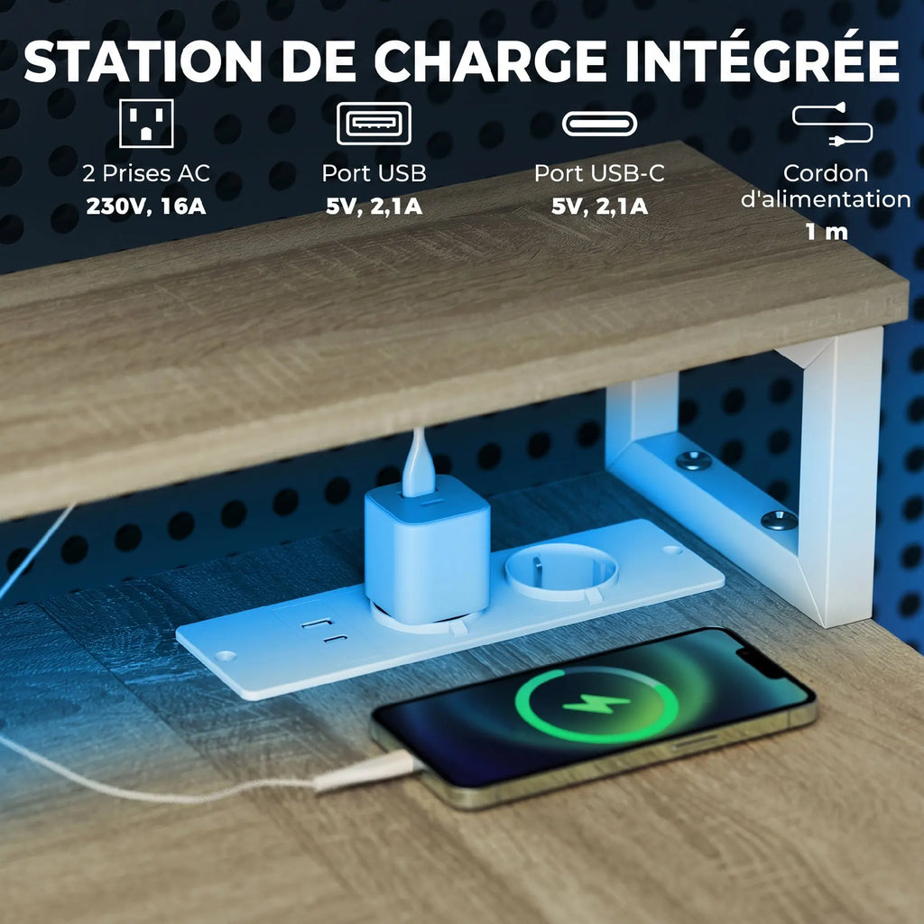 Bureau d’angle LED RGB avec prises et 2 tiroirs
