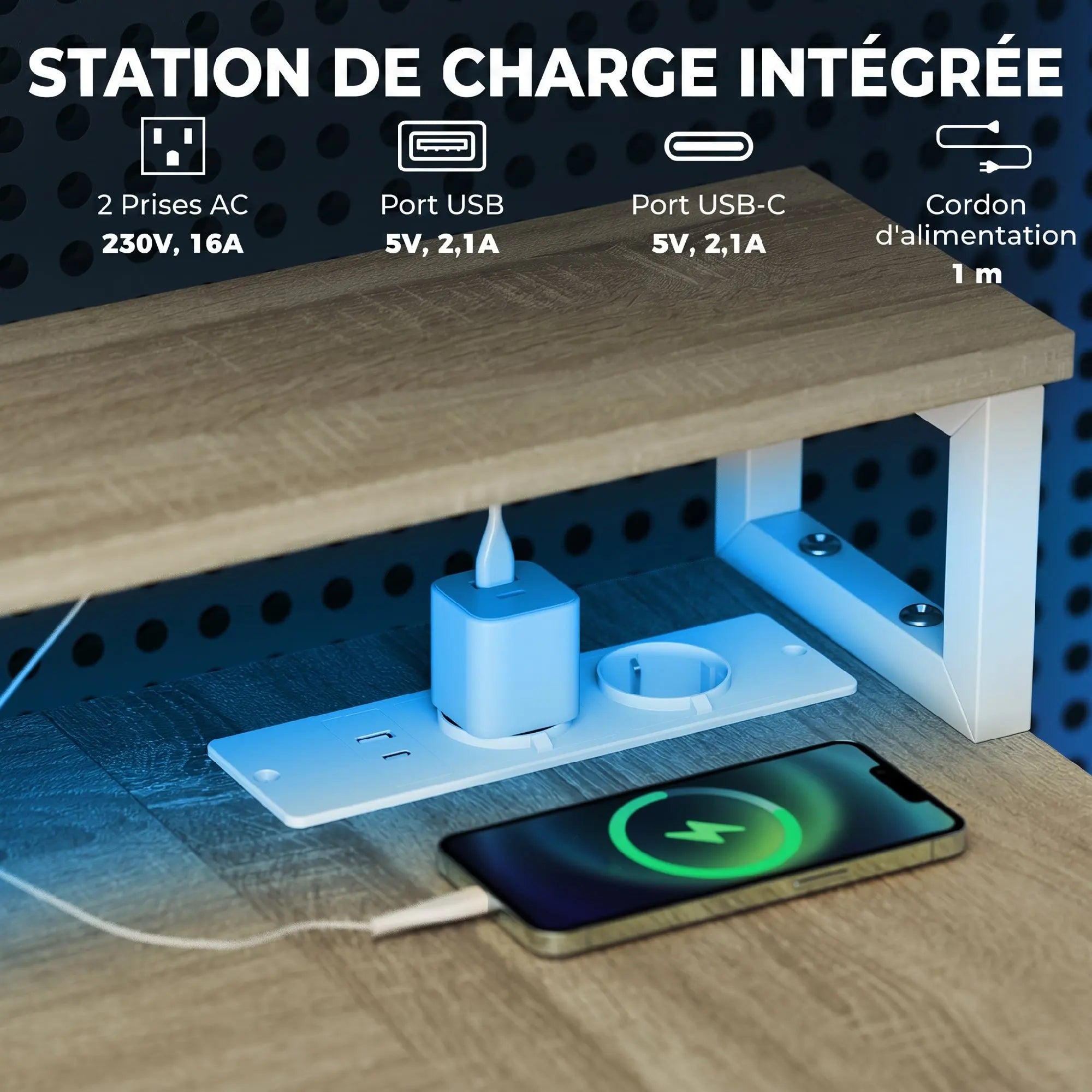 Bureau d’angle LED RGB avec prises et 2 tiroirs