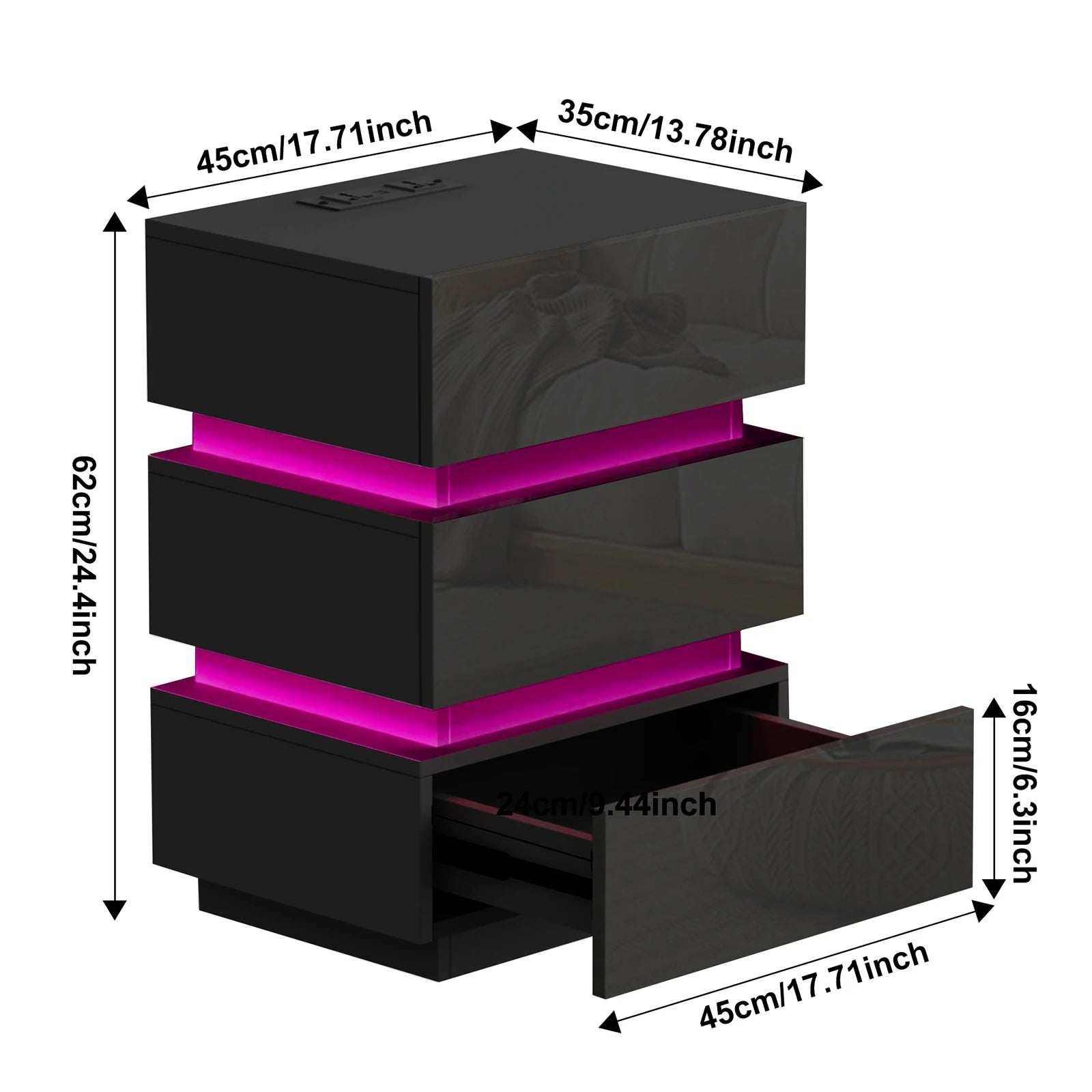 Table de chevet LED 16 couleurs avec 3 tiroirs