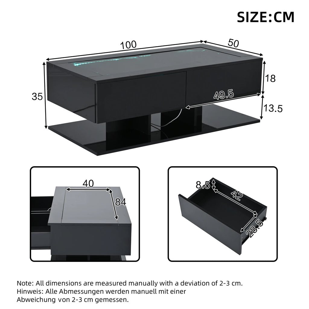 Table basse LED noire avec tiroirs 100 × 50 cm