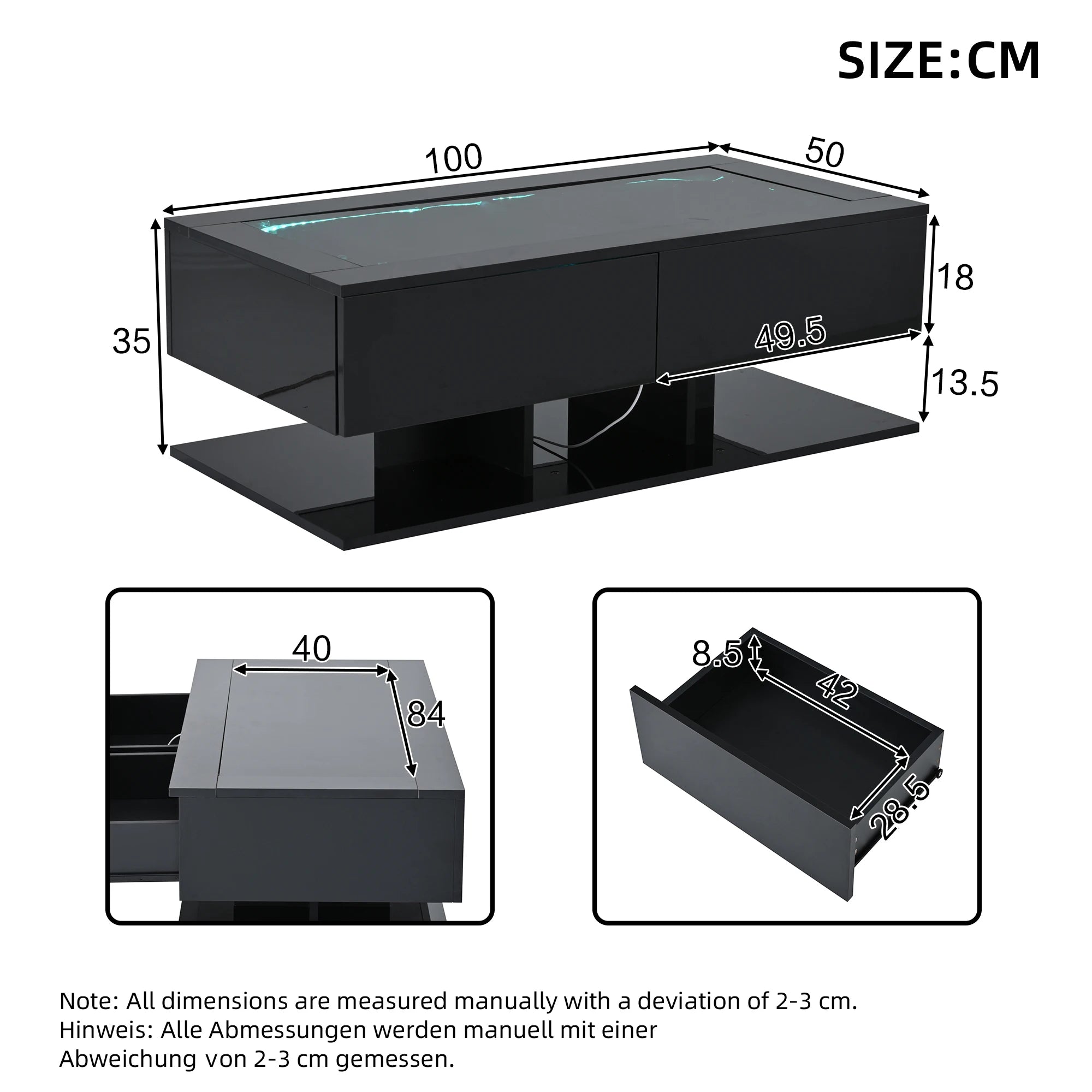 Table basse LED noire avec tiroirs 100 × 50 cm