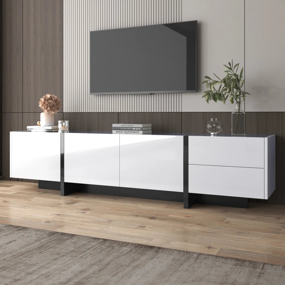 Meuble TV bas de 190 cm aux façades blanches et noires, visuel 9