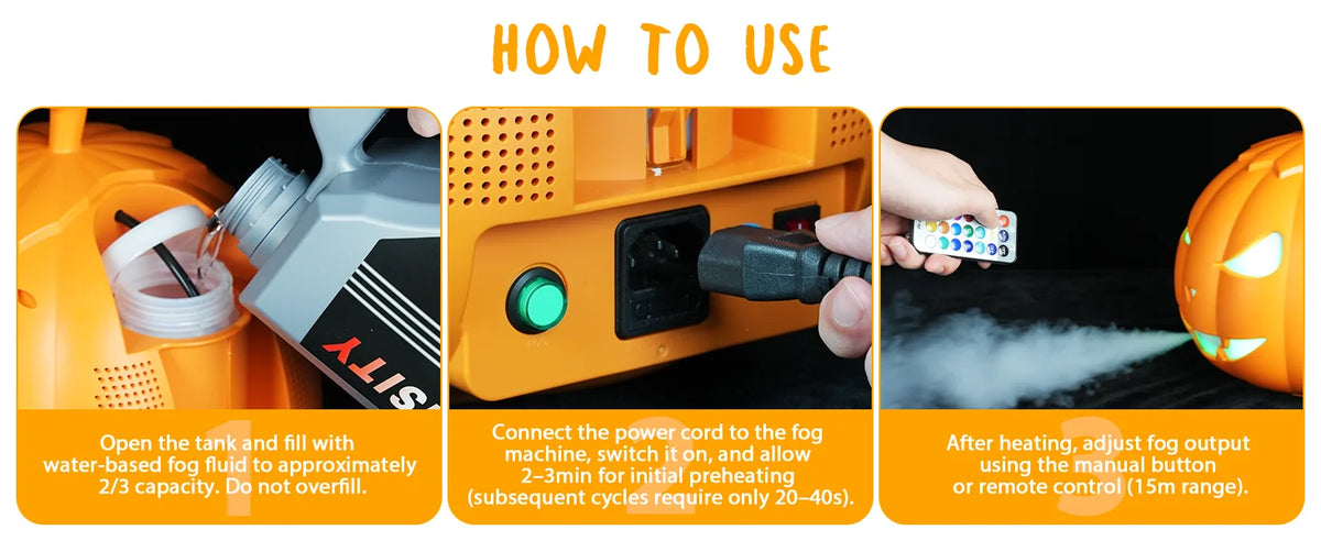 Machine à fumée citrouille Halloween 600 W avec LED RGB — instructions d’utilisation illustrées