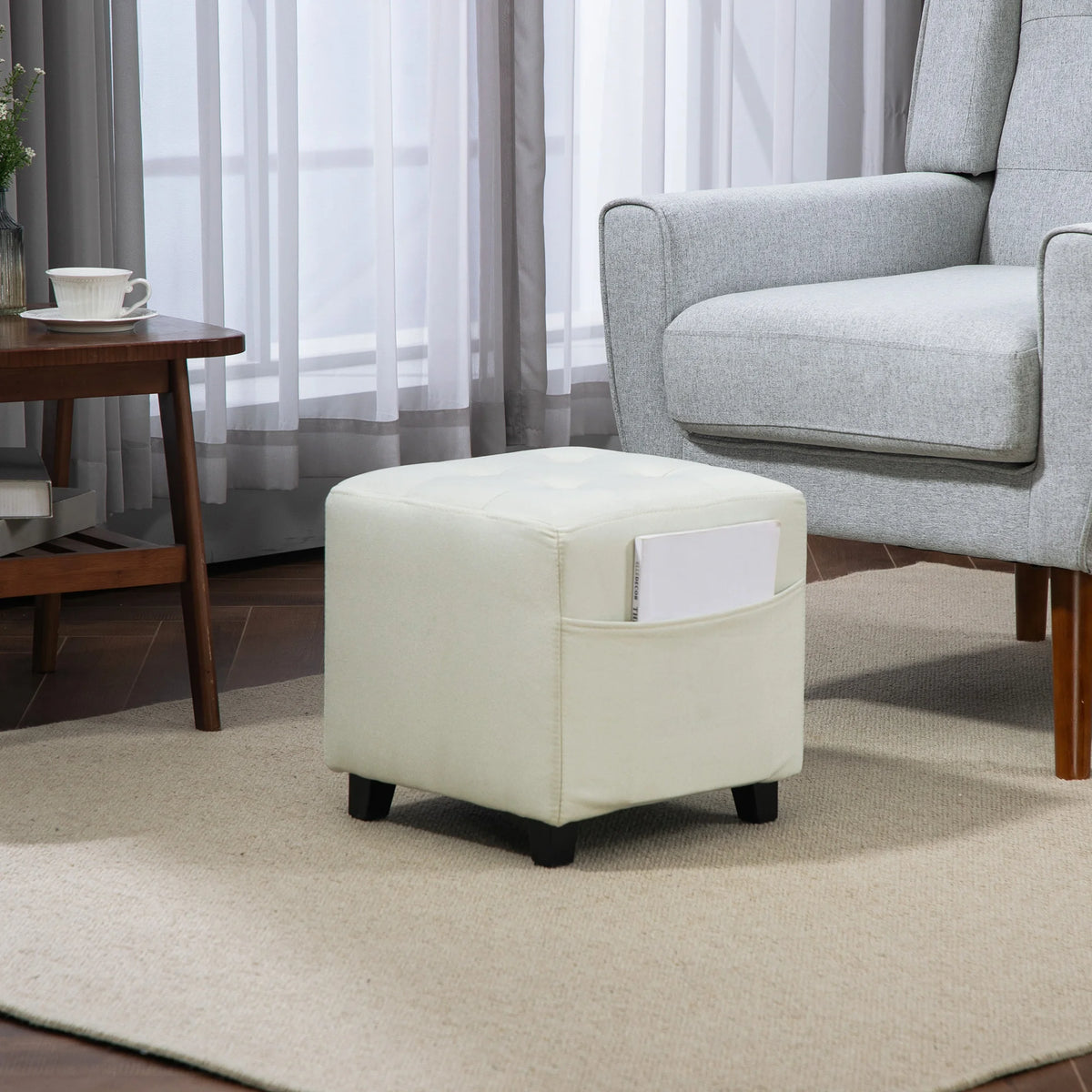Pouf repose-pieds crème avec poche latérale, 35 cm — coin détente