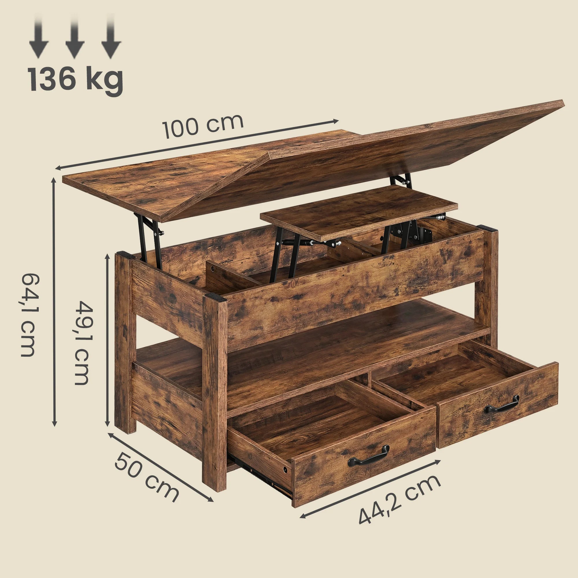 Table basse relevable à vérin avec 2 tiroirs