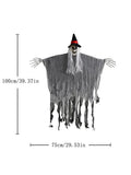 Sorcière squelette à suspendre pour Halloween : variante grise et dimensions.