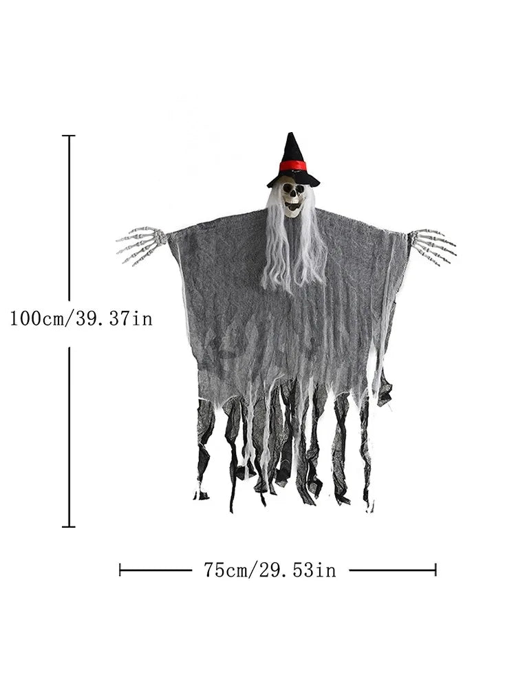 Sorcière squelette à suspendre pour Halloween : variante grise et dimensions.