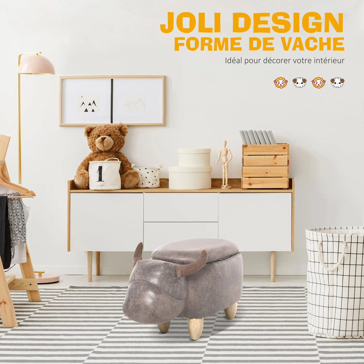 Pouf vache avec coffre de rangement, brun aspect daim — mise en situation
