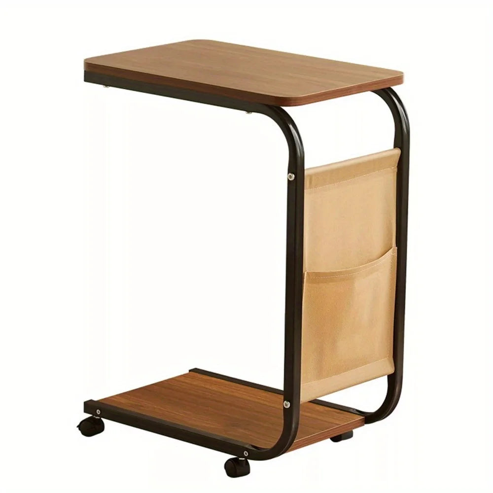 Table d’appoint en C avec poche latérale et roulettes — table et poche beige