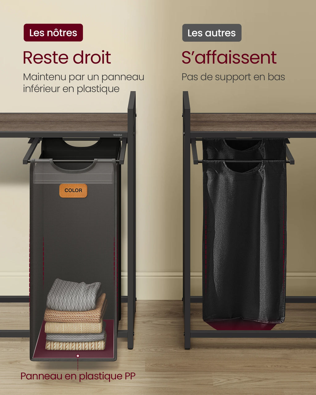Panier à linge 100 L sur roulettes avec deux compartiments et étagère, illustration 3