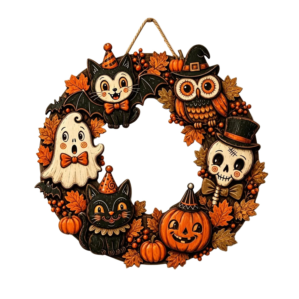 Couronne Halloween en bois, citrouilles et fantômes, 30 cm — cordelette de suspension