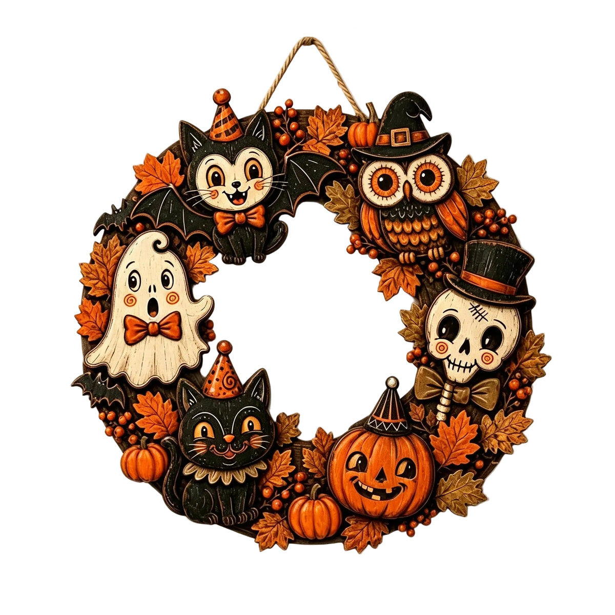 Couronne Halloween en bois, citrouilles et fantômes, 30 cm — cordelette de suspension