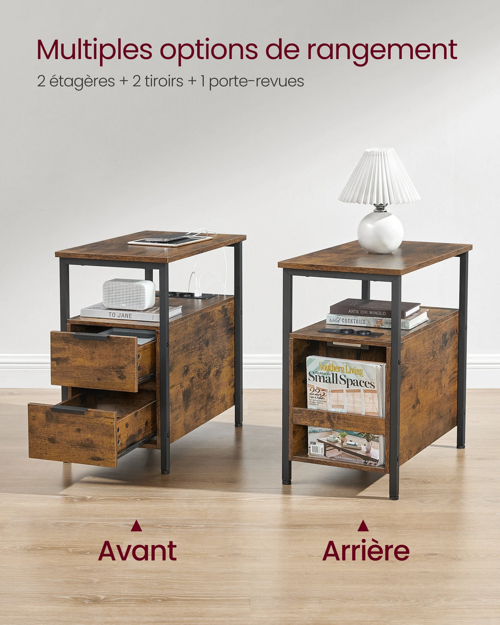 Table de chevet fine avec multiprise et 2 tiroirs