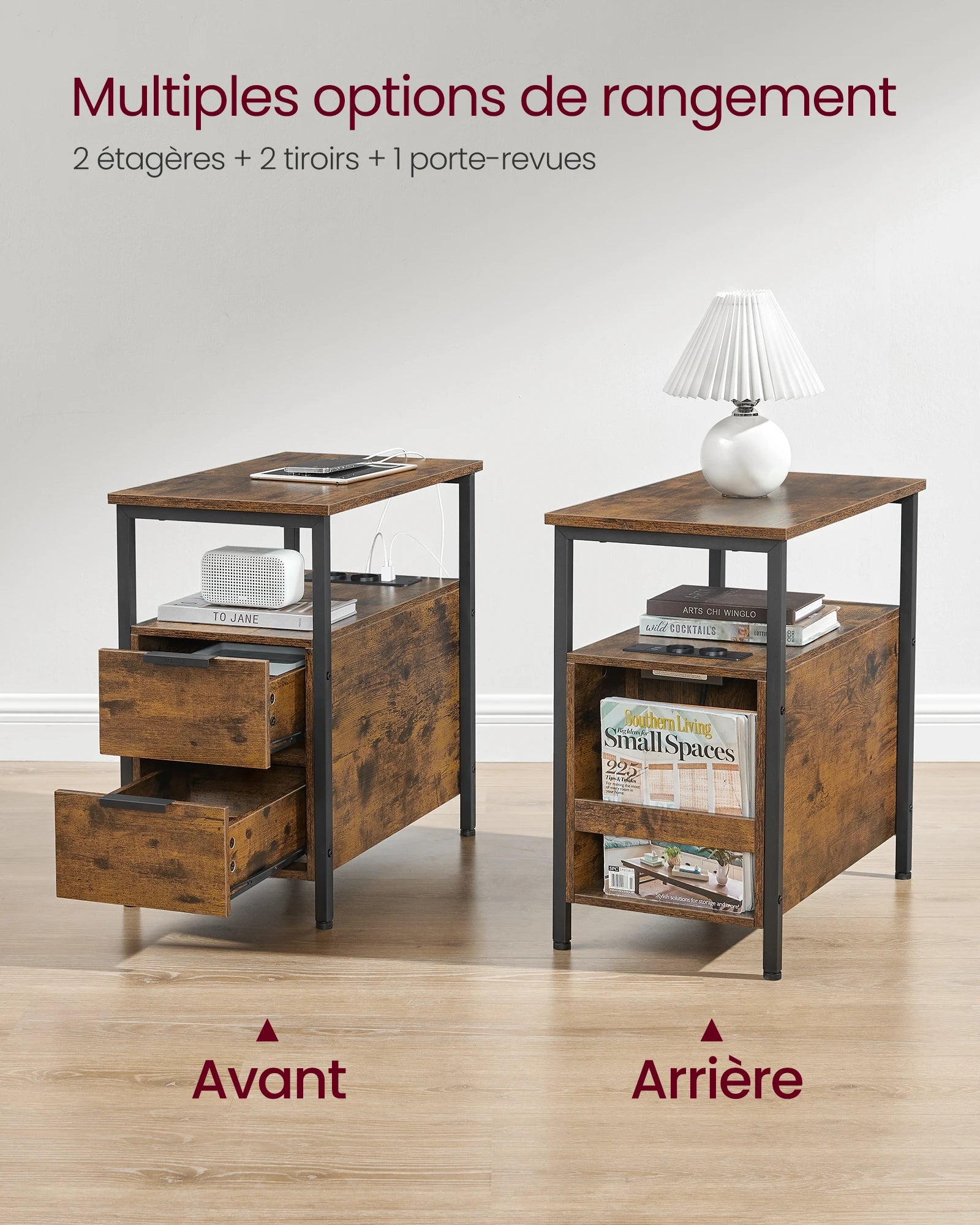 Table de chevet fine avec multiprise et 2 tiroirs
